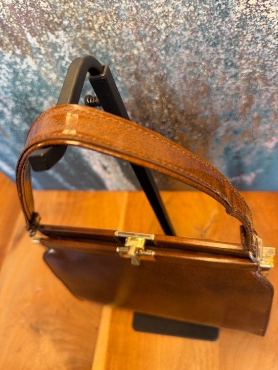 Vintage Mid Century Modern Brown Frame Bag Top Handle Leather Lined USA - Picture 7 of 16